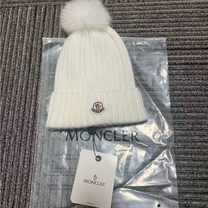 Moncler Ivory Knit Beanie with Pom-Pom